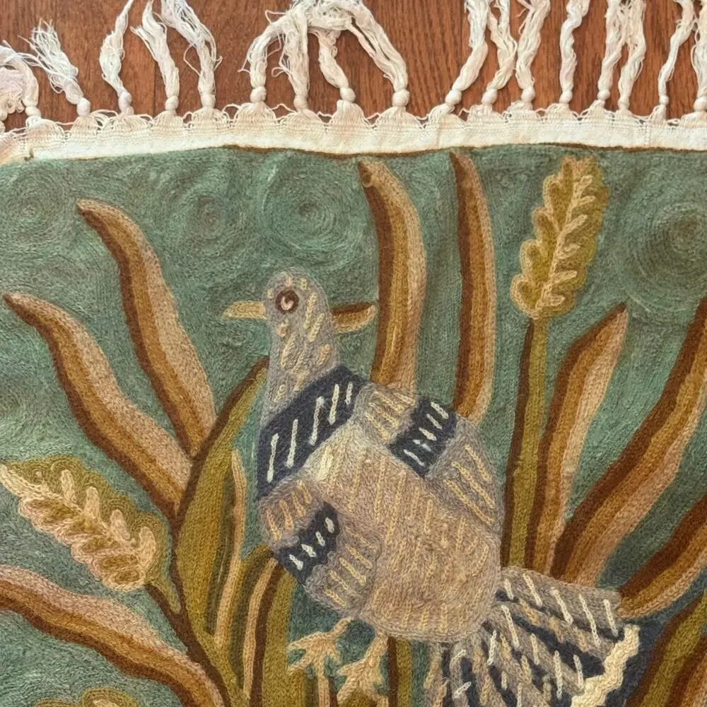 Vintage Handmade Crewel Embroidery Wildlife Bird Scene Fringed Tapestry